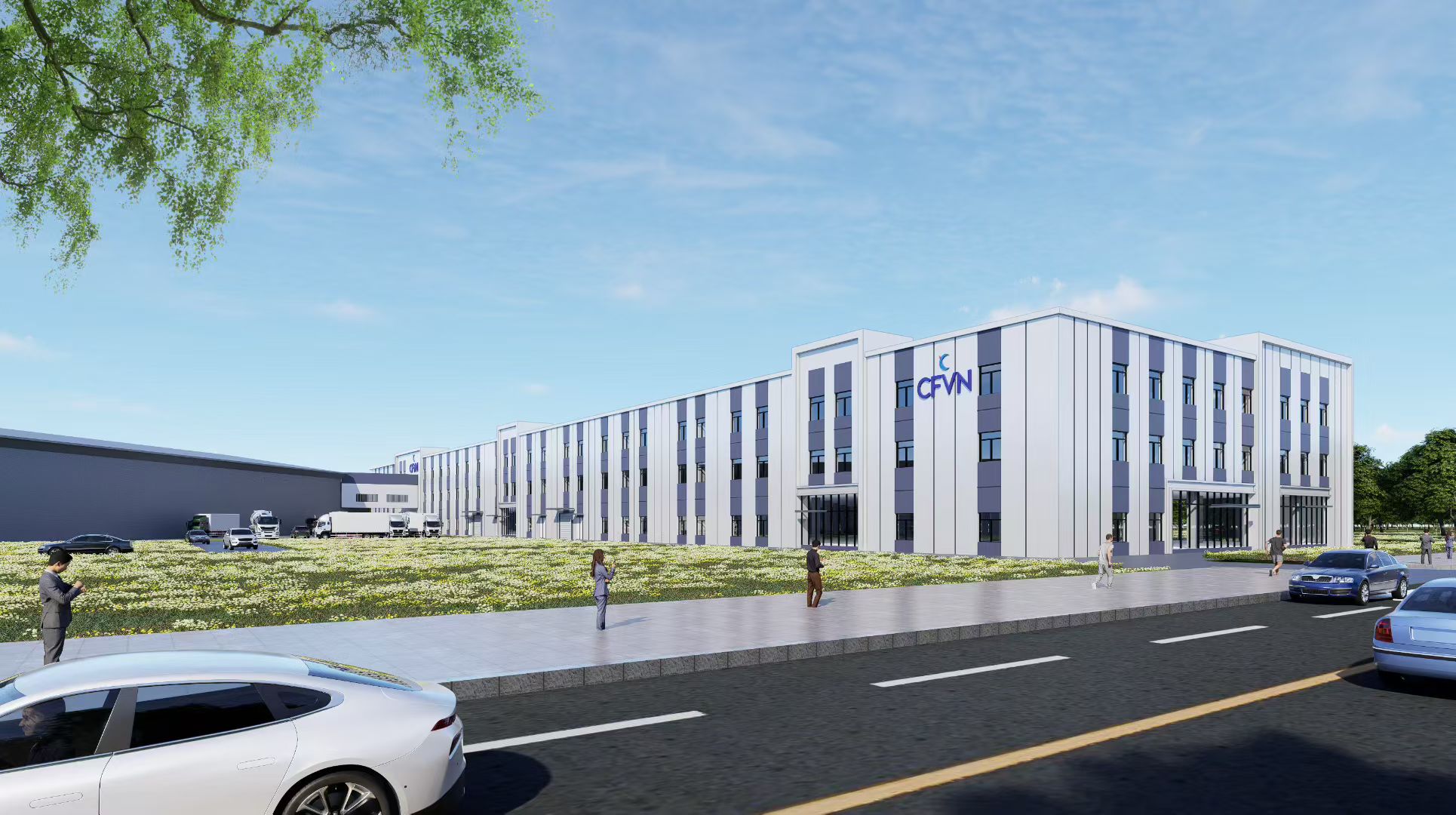 CFVN factory street view — three-story production and office building with CFVN signage